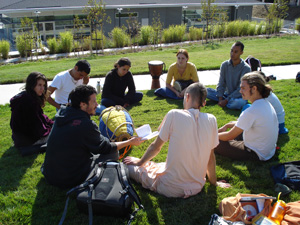 The first meeting of the Bhakti Yoga club of the new semester met on the grass outside the student building.