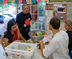 Sara helped with the vegetable preparations with Srutasrava and Giridhari Prabhus and a guest.