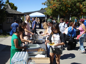 Rice, sabji, chutney, salad and pumpkin bread for everyone.