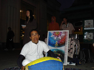 Nalina Sundari still preaching as the sun goes down and the Sankirtan party stayed until the darkness set in, then happily returned to the Seva Ashram.