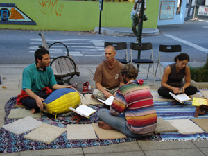 As Kamal Krishna Prabhu set up the book table downtown Santa Cruz, the Harinam Sankirtan began with Nowla Kishore and Giridhari Prabhus along with Mahadevi Didi and some curious people joined the kirtan.