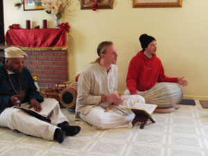 Meanwhile in the temple room Uddhavananda, Jaya Gauranga and Nowla Kisore Prabhus chanted the bhajans.