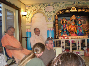 Hasyapriya Prabhu after extending a warm welcome to our new guests and residents, happily reported that we have made dramatic progress in our financial situation and thanked everyone for their help. He also announced that in the next few months he plans to continue the development project and prayed that everyone would help so that we could offer this development to Srila Gurudev and the devotees. Please be kind! That is my last request. Be respectful. We're expanding and this brings natural anxiety and conflict but we have a formula for living together successfully:  Trnad api sunichena....    Sripad Parvat Maharaj told us that  Srila Gurudev has sent the Goddess of Fortune to us : Vrinda! and he implored her Don't Leave! This resulted in a big applause. Sureshwari Didi told how Srila Gurudev sent her here to be Hasyapriya's right hand man.