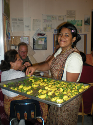 Vrinda serves the Khandvi.