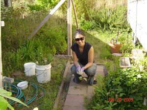 Sara cleans up the weeds in the flower beds.