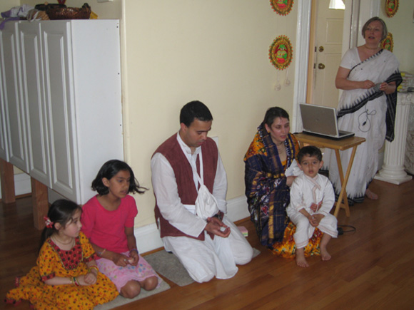 Young Lavanika, Sita (daughter of Nandarani Didi and Ramananda Prabhu), Jairam Prabhu, Abha Didi with her son Nabh on her lap and Kumkum Didi. We are all very happy to welcome this family into our spiritual community.