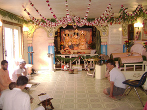 The temple room was beautifully decorated for the Radhastami festival.