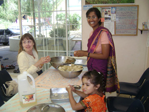  Krishna Karuna Didi helped Amiya Kanti Didi who was visiting from our Vancouver Math with her family, and young Sivani  with the feast preparations.