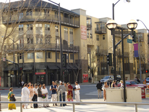 The kirtan party stopped for a long time in front of the new San Jose Public Library. This facility is used by the local University and families alike. 