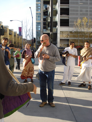 Jatindra Mohan is always enthusiastic about leading kirtan.